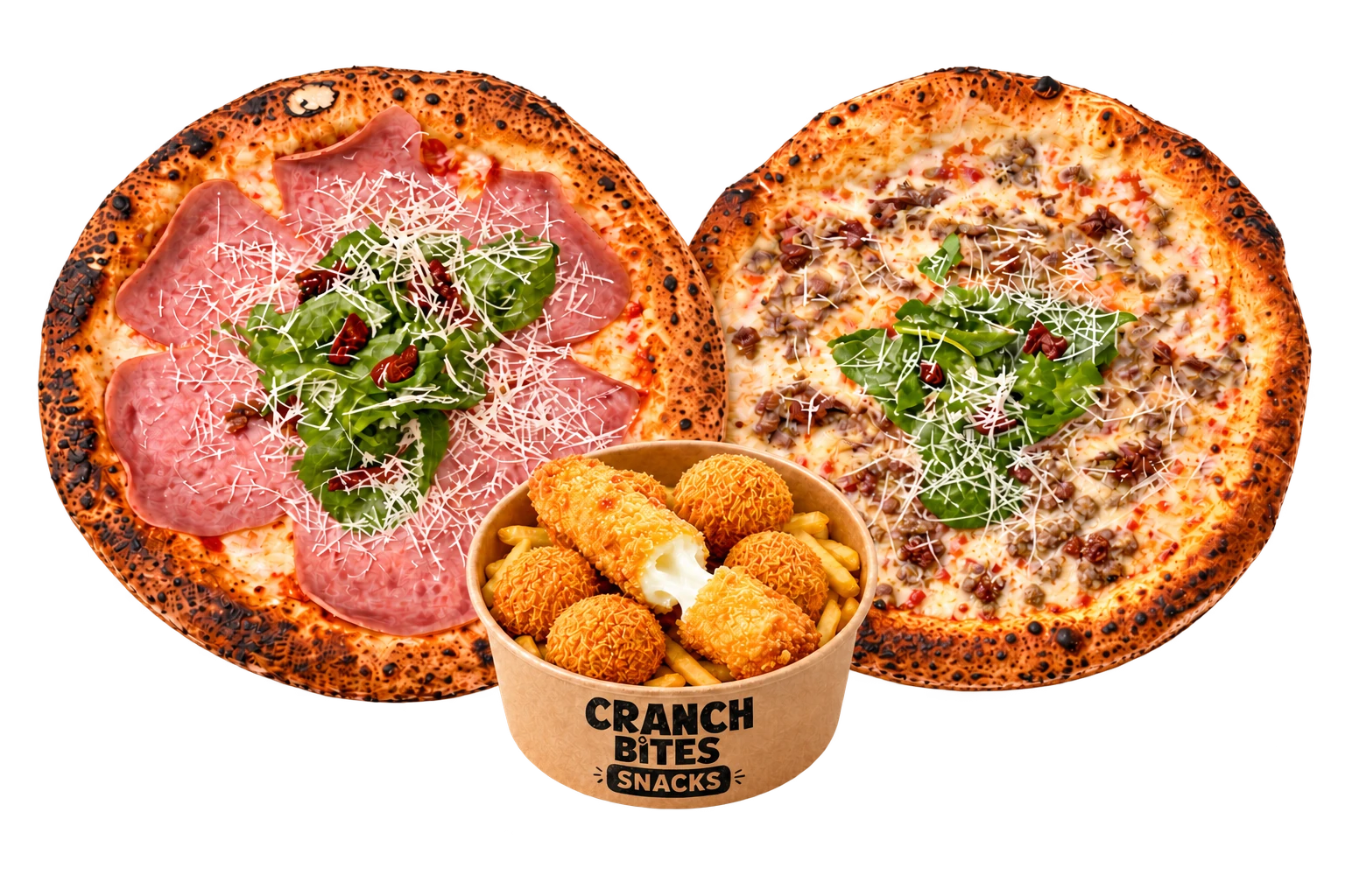 Addmore Pizza pizzaları ve Cranch Bites atıştırmalık sunumu